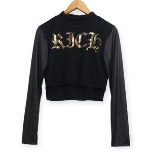 Decibel Black Knit Faux Leather Metallic RICH Graphic Crop Top